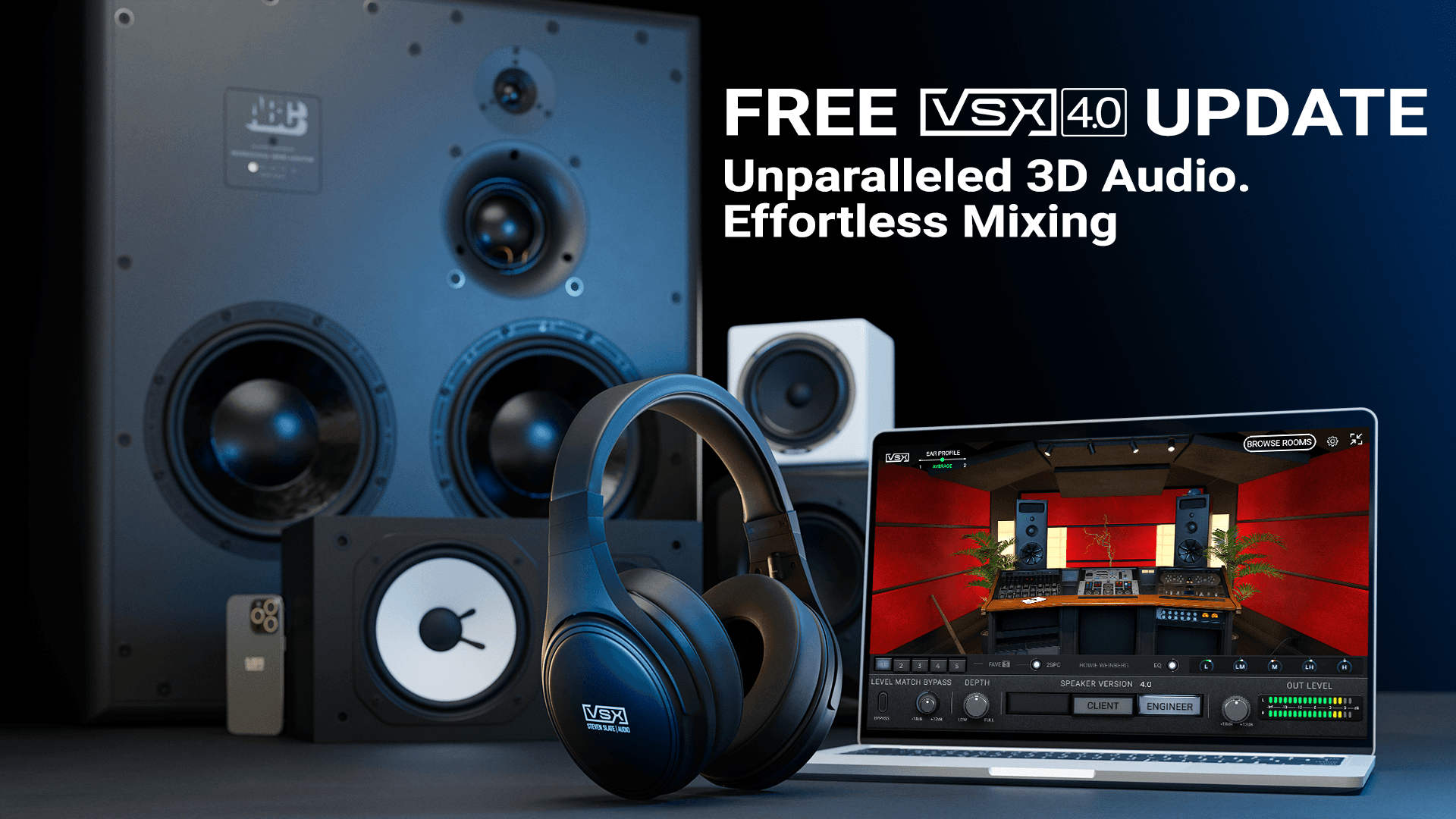 With VSX, you can virtually produce and mix in some of the finest studio listening spaces in the world to ensure that your mix will translate everywhere.
And now we’re pleased to announce that this 3D spatial experience is even better with the release of VSX 4.0.